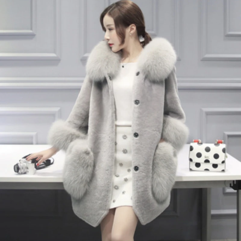 Elegant Temperament, Imitation Rabbit Fur Coat, Winter Imitation Fur Coat, Commuting Middle Long Coat, Fox Fur Collar