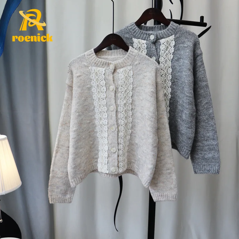 

ROENICK Women Retro French Sweater Cardigan Korean Style Loose Stitching Lace Knitted Coat New Autumn Winter Long-Sleeve Jumpers
