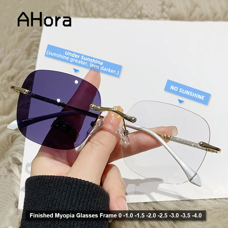 

Ahora Fashion Photochromic Rimless Finished Myopia Glasses Frame With Diopter for Women Men 2023 New Optical Myopic Eyeglasses