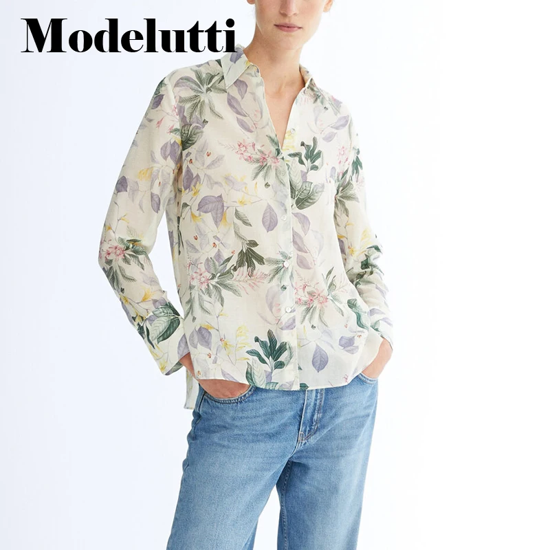 

Modelutti 2022 New Spring Autumn Fashion Long Sleeve V-Neck Flower Printed Shirt Women Elegant Simple Blouse Casual Tops Female