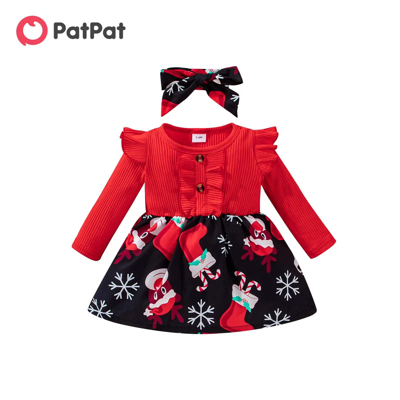 

PatPat Christmas 2pcs Baby Girl Solid Rib Knit Ruffle Trim Long-sleeve Spliced Allover Print Dress with Headband Set