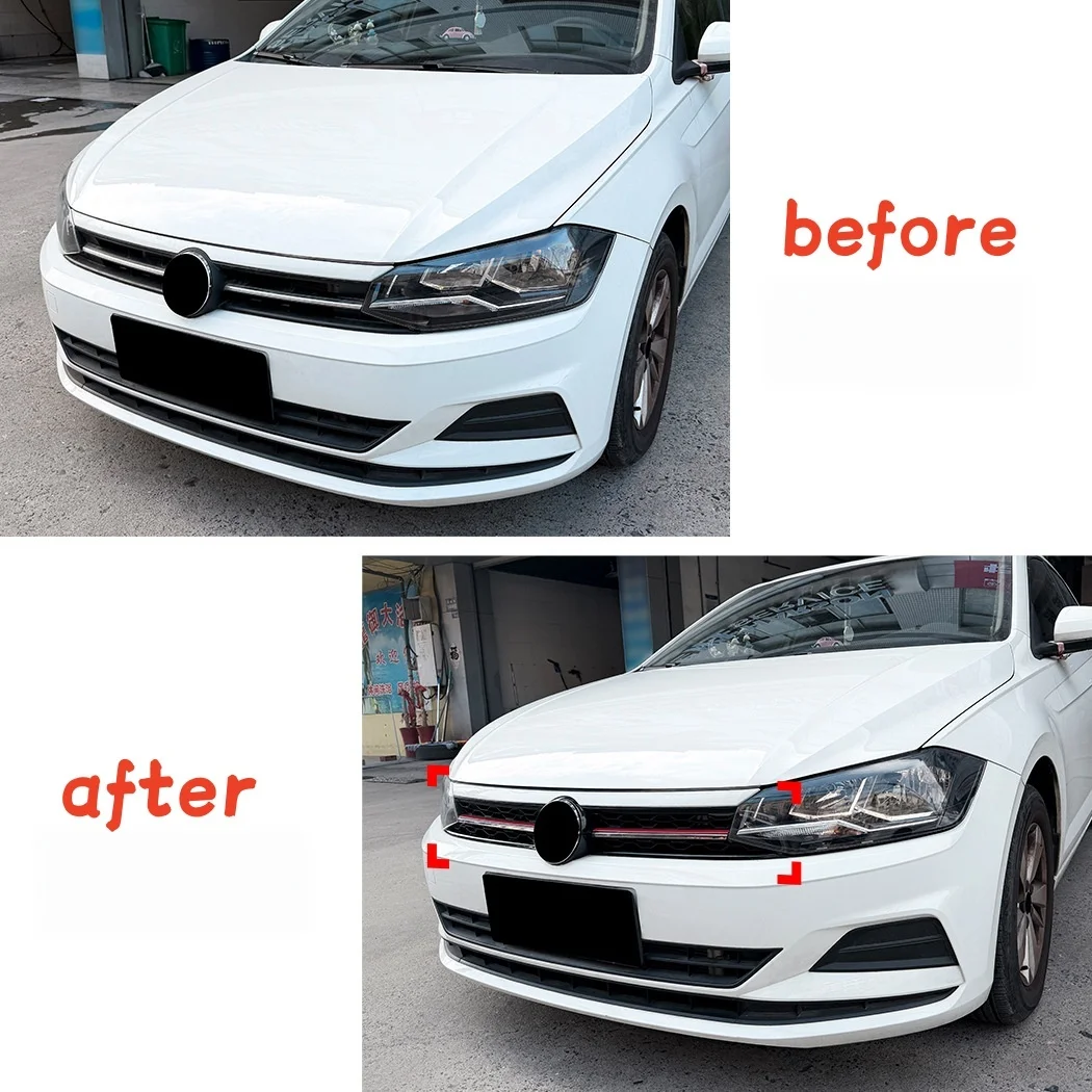 Фото Центральная решетка переднего бампера в стиле GTI для Volkswagen Polo MK6 2018-2021, верхняя решетка сотовой структуры, спортивные решетки переднего бампера. №2