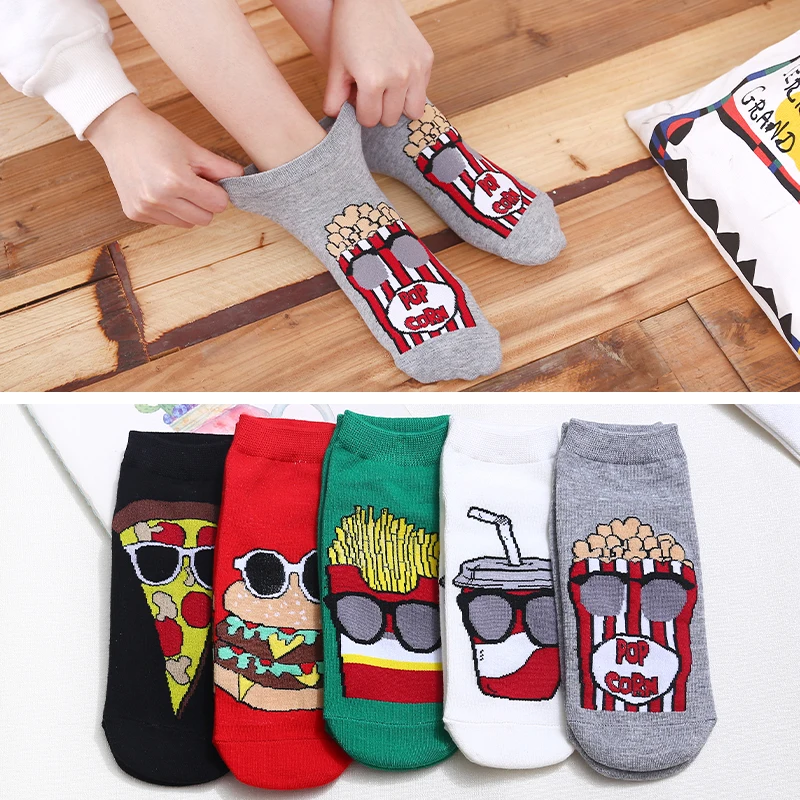 5 Pairs/Box Funny Cartoon Burger Fries Short Socks Cotton Harajuku Food Pizza Soft Cute Fashion Ankle Men Women Socks Pack Gifts
