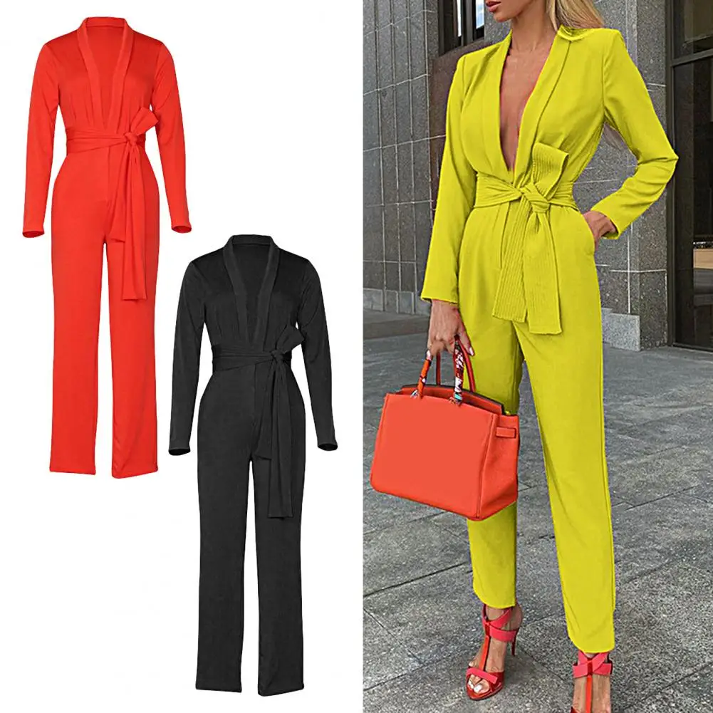 

Women Slim Bodycon Jumpsuit Romper Elegant Tight Waist with Belt Formal Deep V Neck Autumn Long Sleeve Jumpsuit Party Streetwear