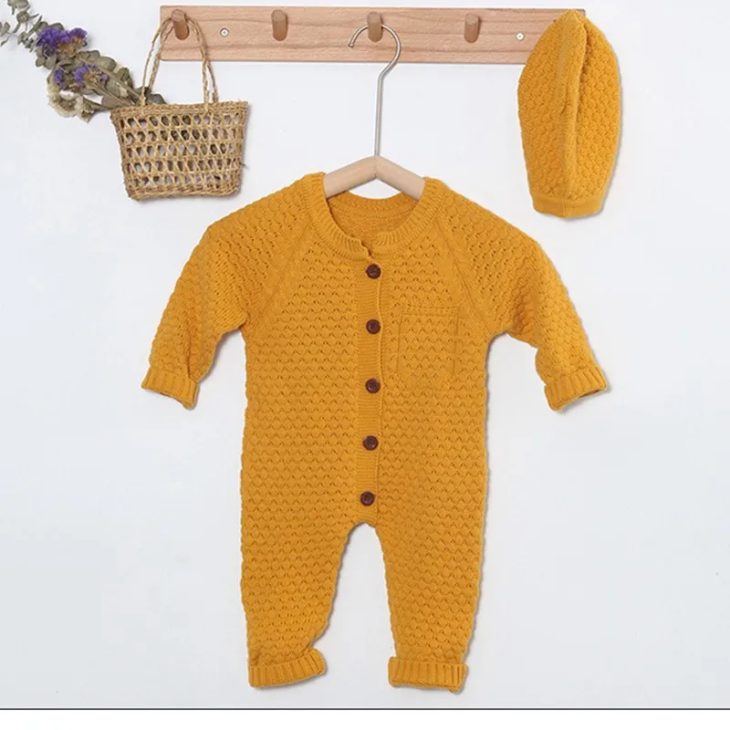 Baby Suit Autumn And Winter New Boys' Long Sleeved Knitted Romper Girls' Work Clothes + Hat Newborn Romper