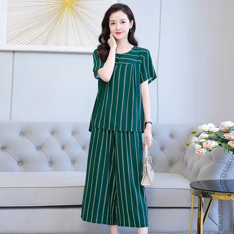 

Женский комплект из 2 предметов, элегантный льняной костюм свободного кроя из блузки в полоску с коротким рукавом и брюк с широкими штанинами, лето 2023