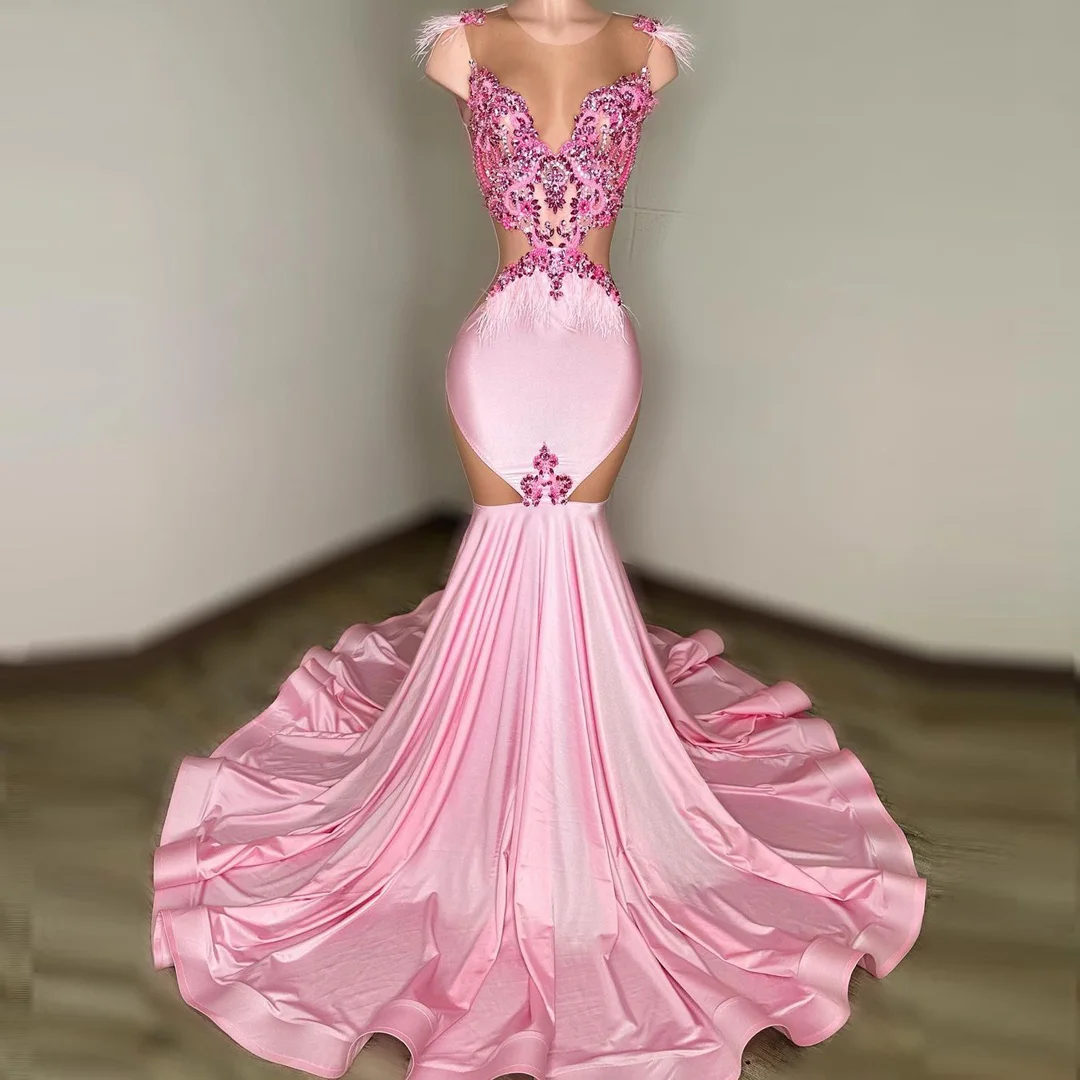 

Sweet Pink Long Sparkly Crystal Prom Dresses Aso Ebi Sexy Sleeveless Luxury Diamond Black Girls Mermaid Prom Gala Party Gown