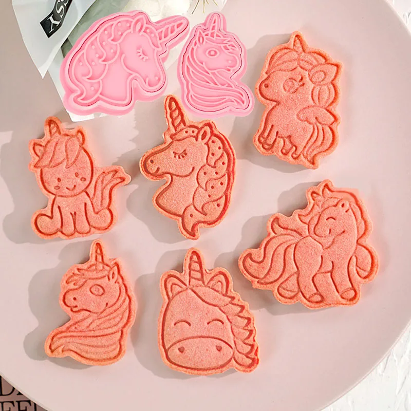 Cortador de galletas con forma de unicornio, molde de plástico 3D de dibujos animados para galletas, sello, herramienta de pastelería para hornear, accesorios de cocina, 6 piezas