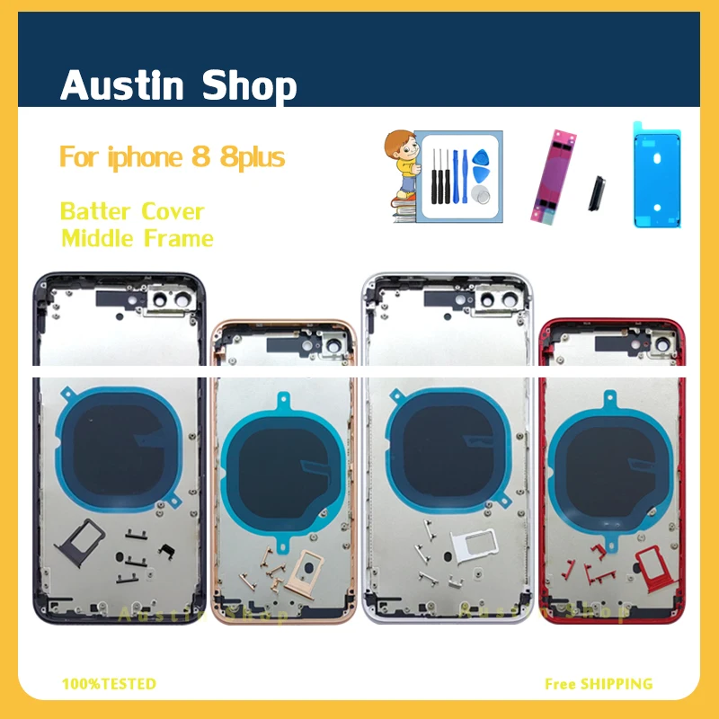 

High Quality For iPhone 8 8Plus Battery Back Cover + Middle Chassis Frame + SIM Tray + Side Key Parts Housing Case No Flex Cable