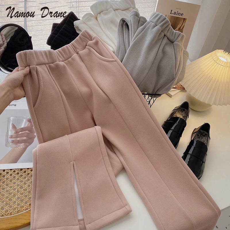 

Namou Drane High Waist Fleece Long Pants 2022 Winter New Women Trousers Causal Solid Korean Elegant Fashion Flare Pants