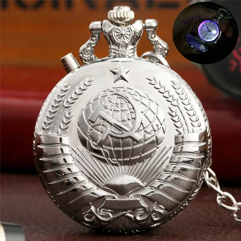 Фото Серебряные светящиеся LED-часы в стиле СССР с серпом и молотом, кварцевые карманные часы, эмблема России, коммунизм, с цепочкой FOB, сувенир №2