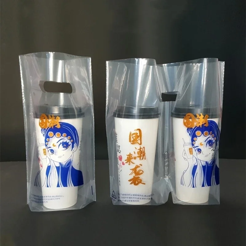 

Одноразовый упаковочный пакет для кофе, фруктового сока, пластиковая утолщенная сумка в китайском стиле, прозрачные пакеты для хранения с одной двойной чашкой