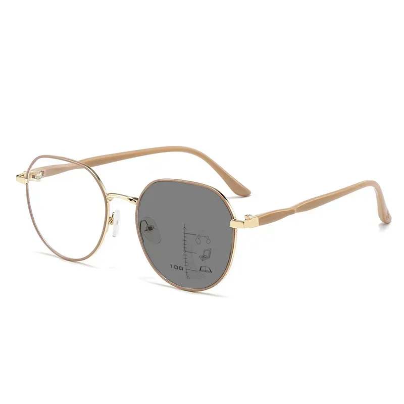 Luxury Photochromic Multifocal Reading Glasses Women Antiblue Light Presbyopia Ultralight Metal Frame Near Far Sighted