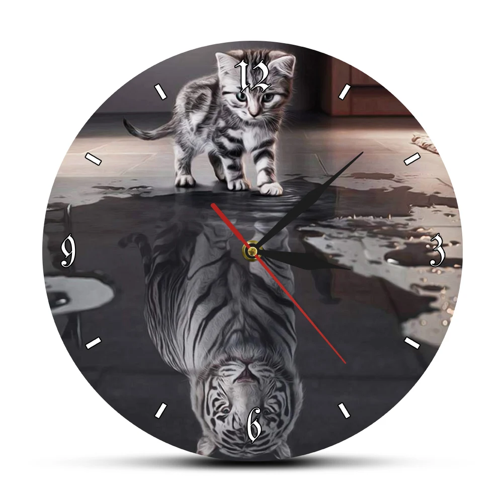 

Cat Reflection White Tiger Funny Wall Clock For Living Room Decor Tabby Kitten Reflect Megalomania Your Inner Soul Wall Watch