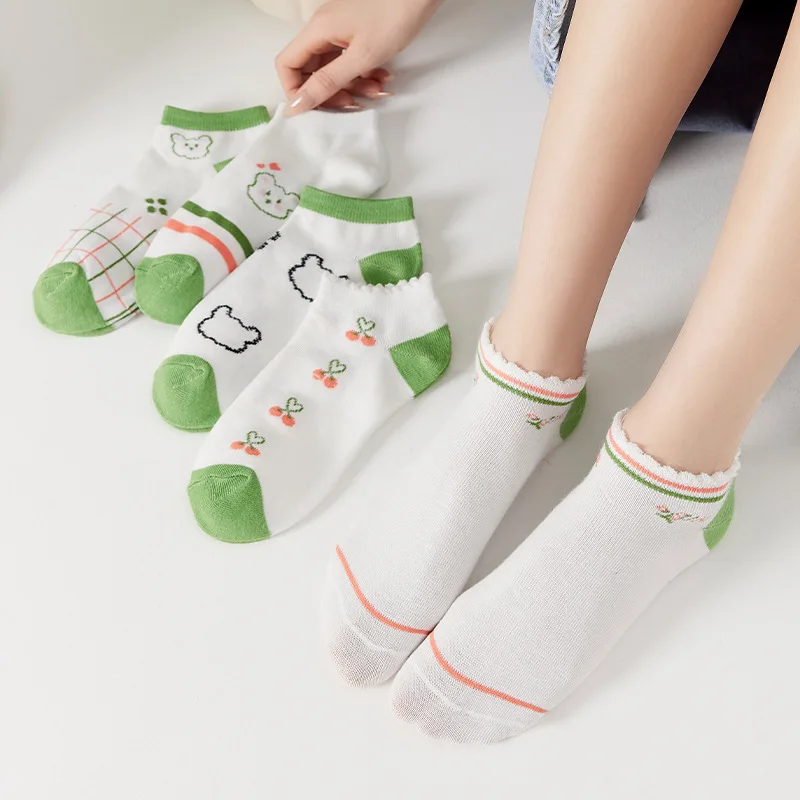 5 Pairs/lot Summer Ins Fresh Elegant Cartoon Lovely Cats Floral Women Short Socks Students Girls Sneakers Dress Cute Ankle Sox