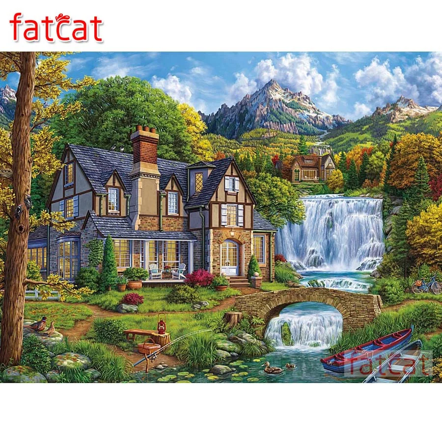 

FATCAT mountain waterfall house mosaic painting 5d diy full square round drill diamond embroidery boat handcraft arts AE3474