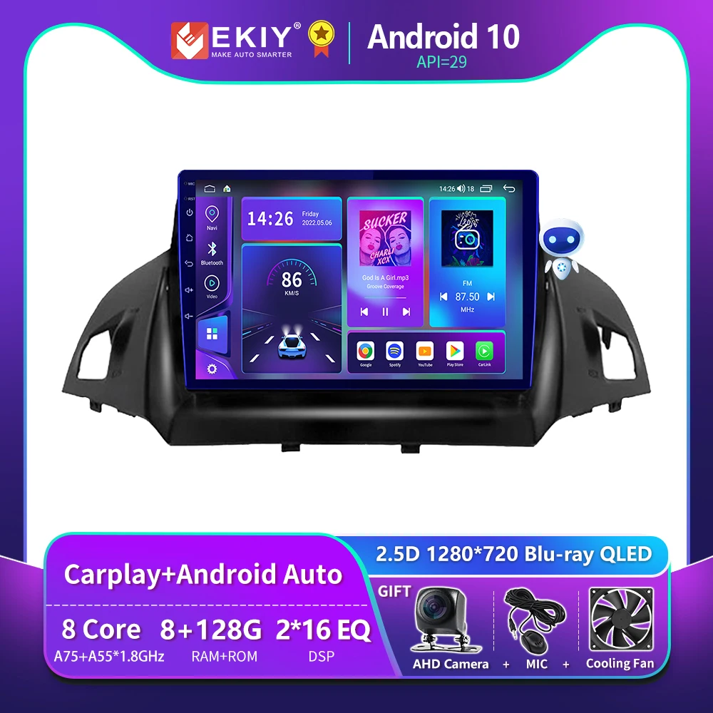 EKIY T900 8G 128G para Ford Kuga 2 Escape 3 2012 2013 2014 2015 2016 - 2019 Radio de coche Navegación GPS Auto Android Carplay Sistema multimedia inalámbrico Blu-ray QLED No 2 Din Reproductor de DVD Unidad principal