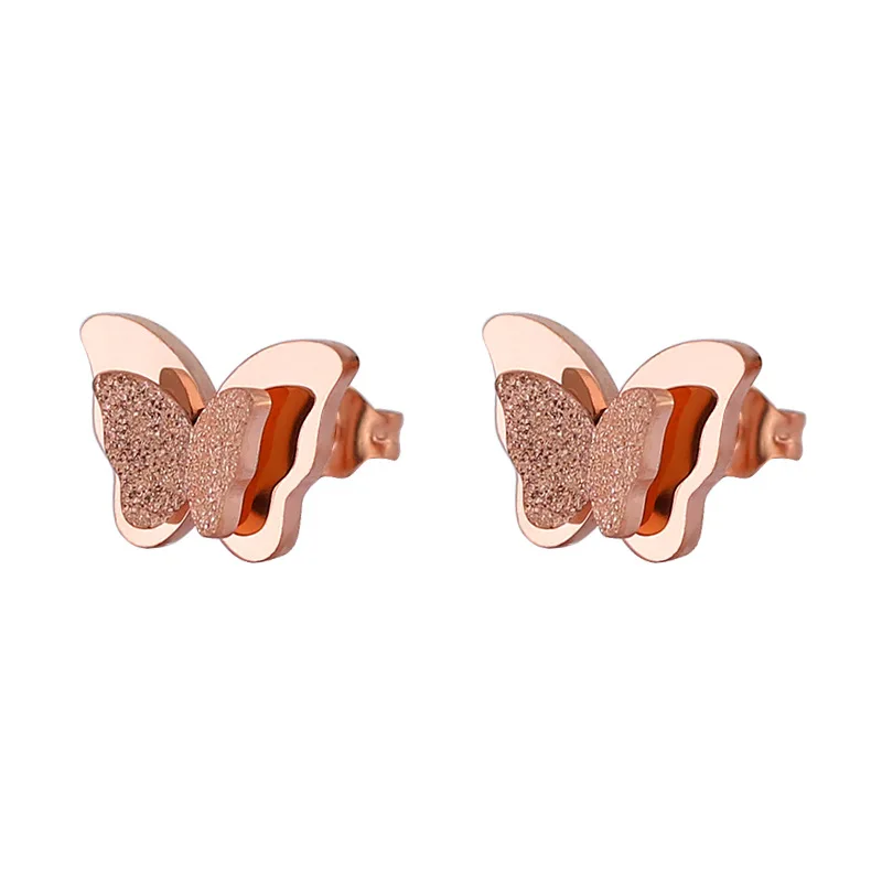 

HENGKE Scrub butterfly stud double titanium steel stainless steel earrings For Women Girl push back Butterfly buckle 30PCS/LOT