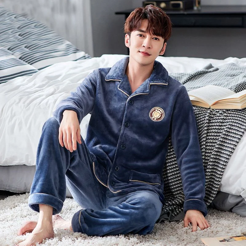 Warm Solid Color Pajamas Set Man Sleepwear For Men Soft Comfortable Pyjama Men's Flannel Fashion Homewear Plus Size