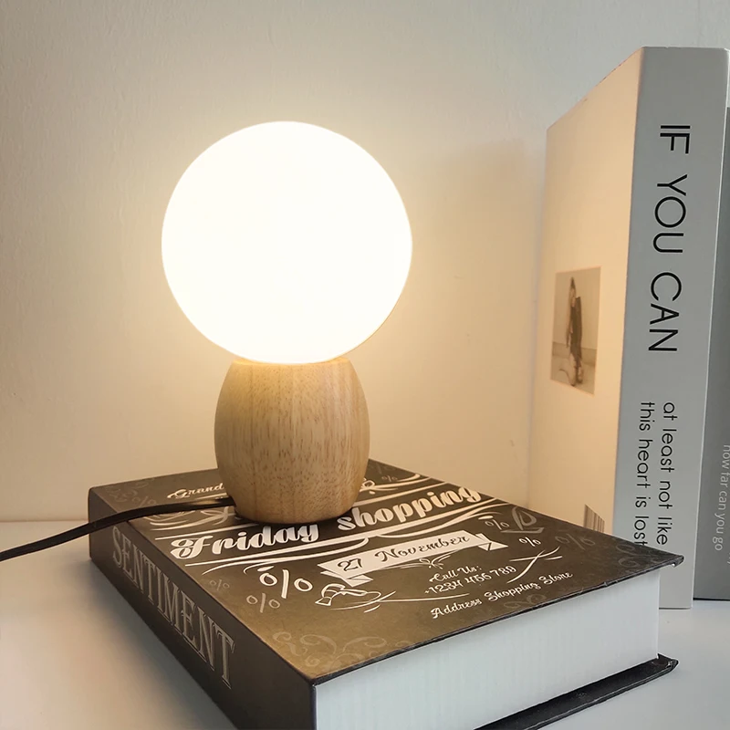 Nordic Wood table lamp milk white glass ball decor Bedroom bedside lamp Study Children's eye protection warm LED desk lamp