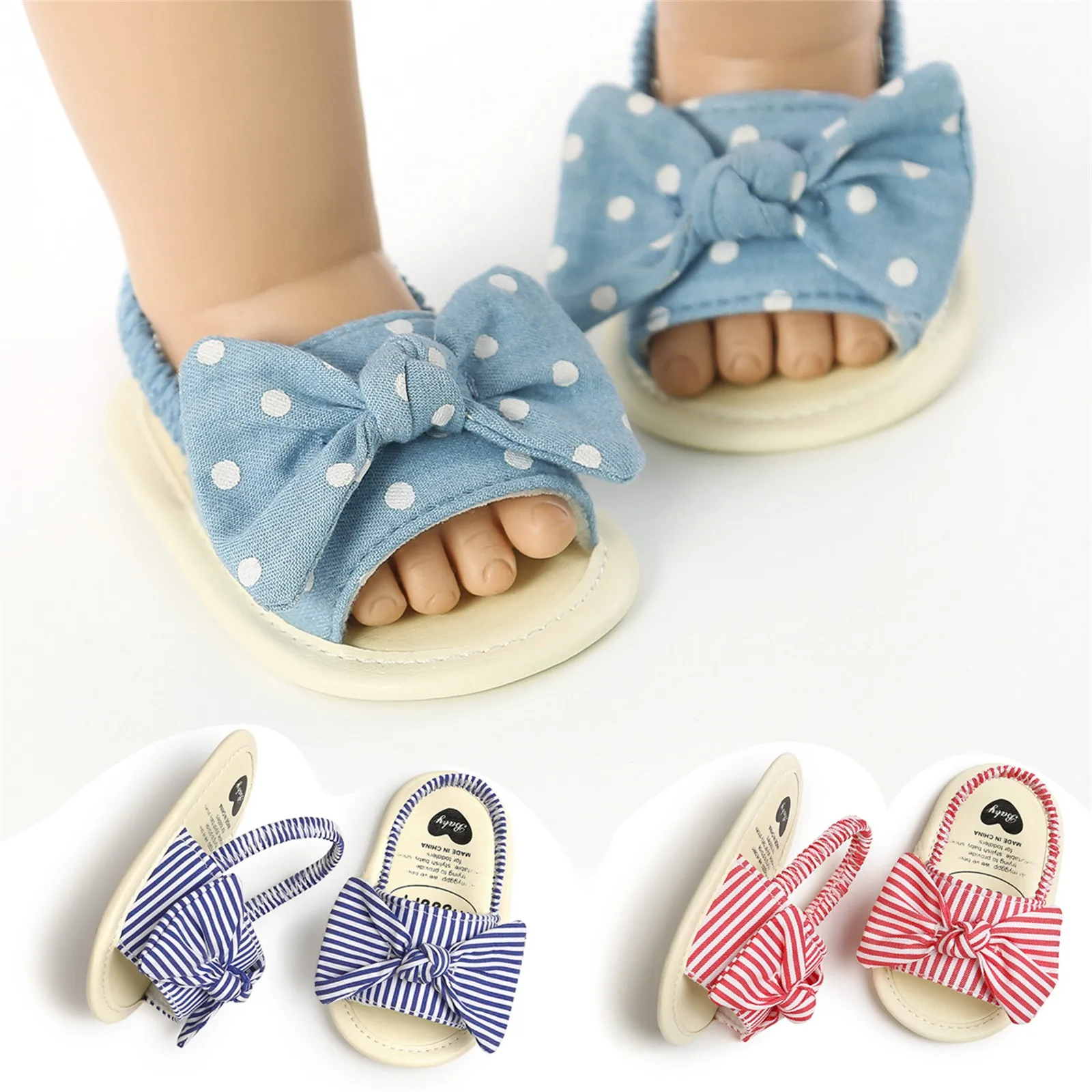 

Toddler Kids Girls Sandals Baby Bowknot Dot Stripe Print Non-Slip Princess Shoes First Walkers Prewalker сандалии для девочек