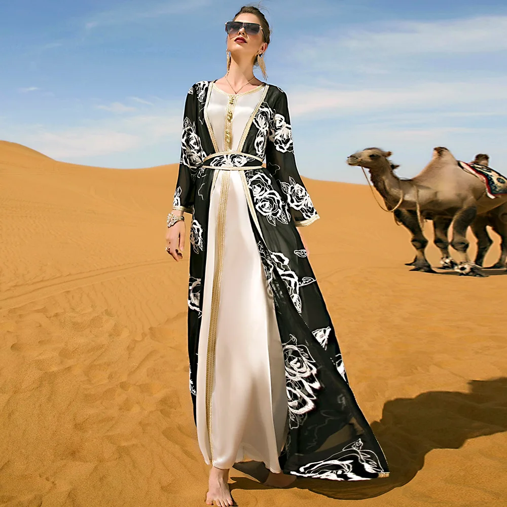 Комплект из двух предметов арабское тяжелое промышленное черно-белое женское длинное платье с цветочной вышивкой из двух предметов с поясо...