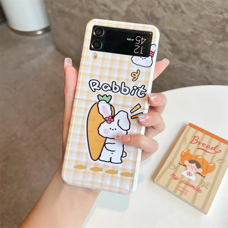 Cartoon Carrot Rabbit Phone Case for Samsung Galaxy Z Flip 4 3 Hard Cover for ZFlip3 Zflip4 Solid Shell Bracket
