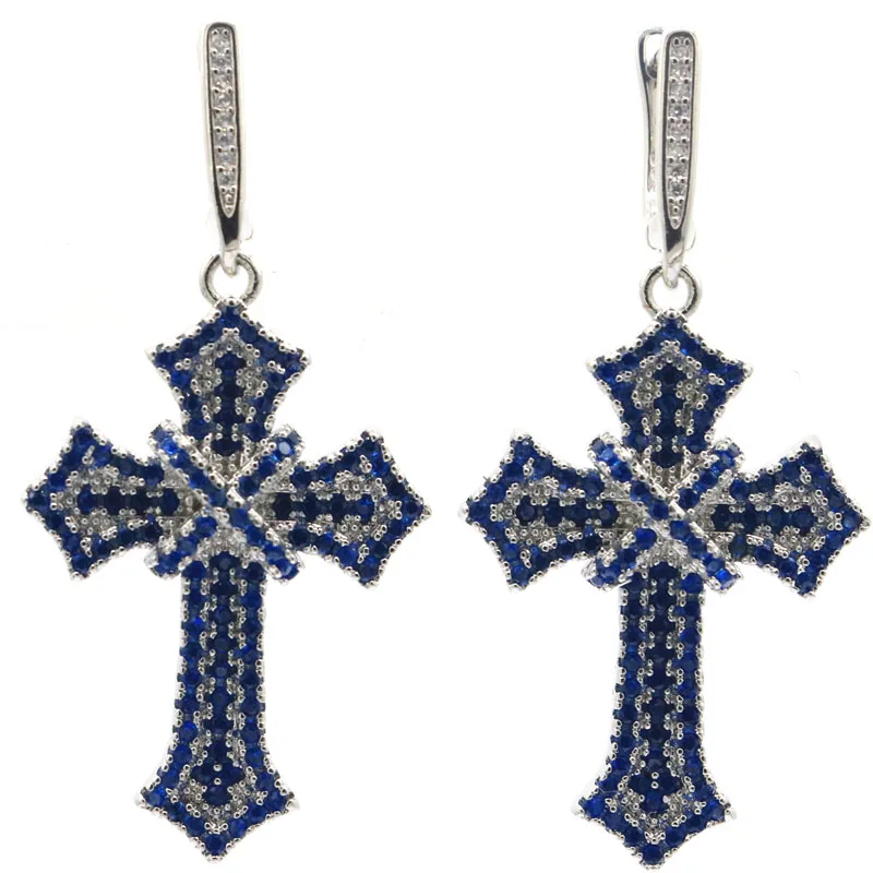 

48x24mm Classic Long Cross Queen 12.6g Tanzanite White CZ Present Silver Earrings