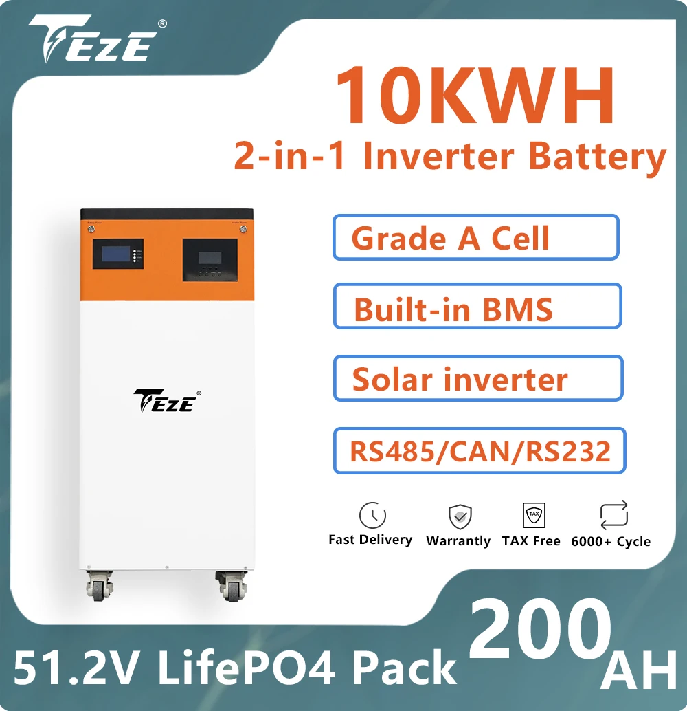 

Grade A 51.2V 200AH LifePo4 Battery 10KWH Powerwall All-in-One Built-in Inverter 6000 Cycles RS485 CAN Home Storage Solar System