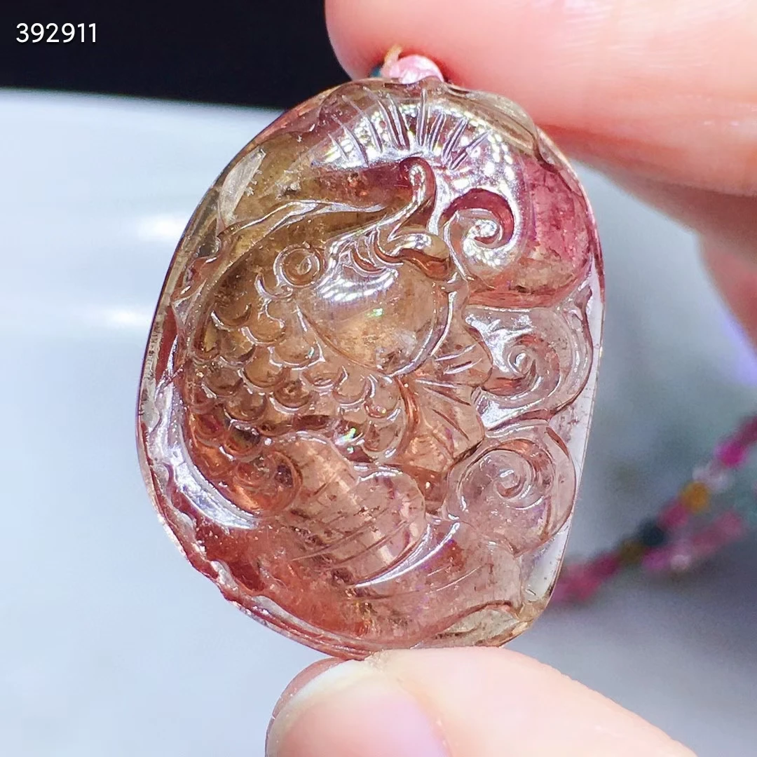 

Natural Watermelon Orange Tourmaline Necklace Pendant Fish Carved 28*21*8mm Clear Round Beads Woman Red Tourmaline AAAAAAA