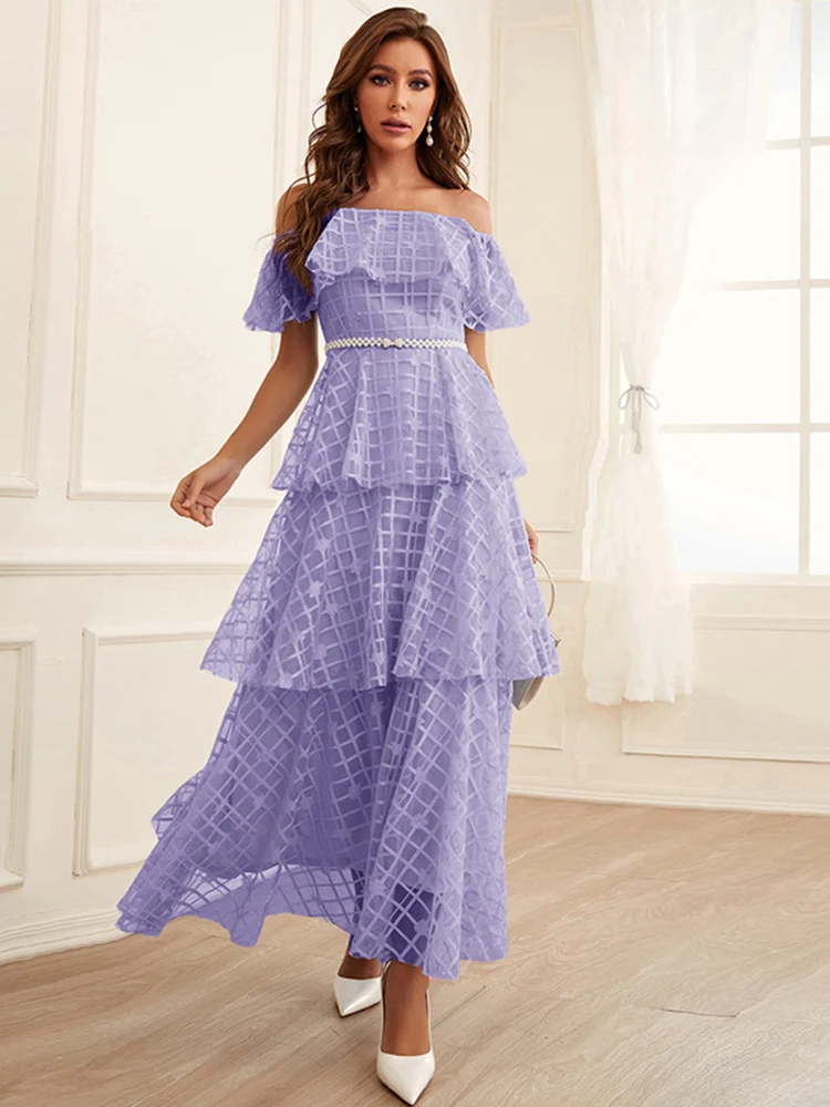 

Women Casual Elegant Maxi Dresses 2023 New Summer Sexy Off Shoulder Ruffle Plaid Layered Swing Turkey Evening Party Robe Vestido