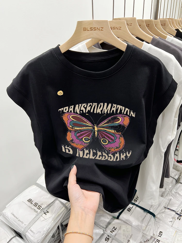 American vintage Shoulder Sleeveless T-shirt Women's Short Sleeve Summer Design Sense Waistcoat Small Flng...