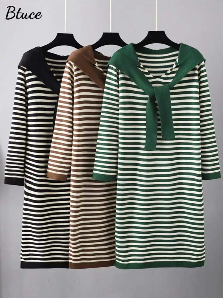 

Осенне-зимнее женское платье-свитер с капюшоном, женское вязаное длинное платье в полоску с шапкой, женские теплые свободные мягкие платья-...