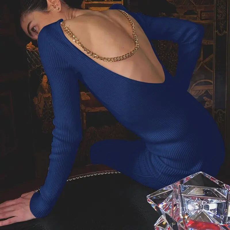 

Женское платье с длинным рукавом, приталенное платье с круглым вырезом и открытой спиной, Осень-зима 2021