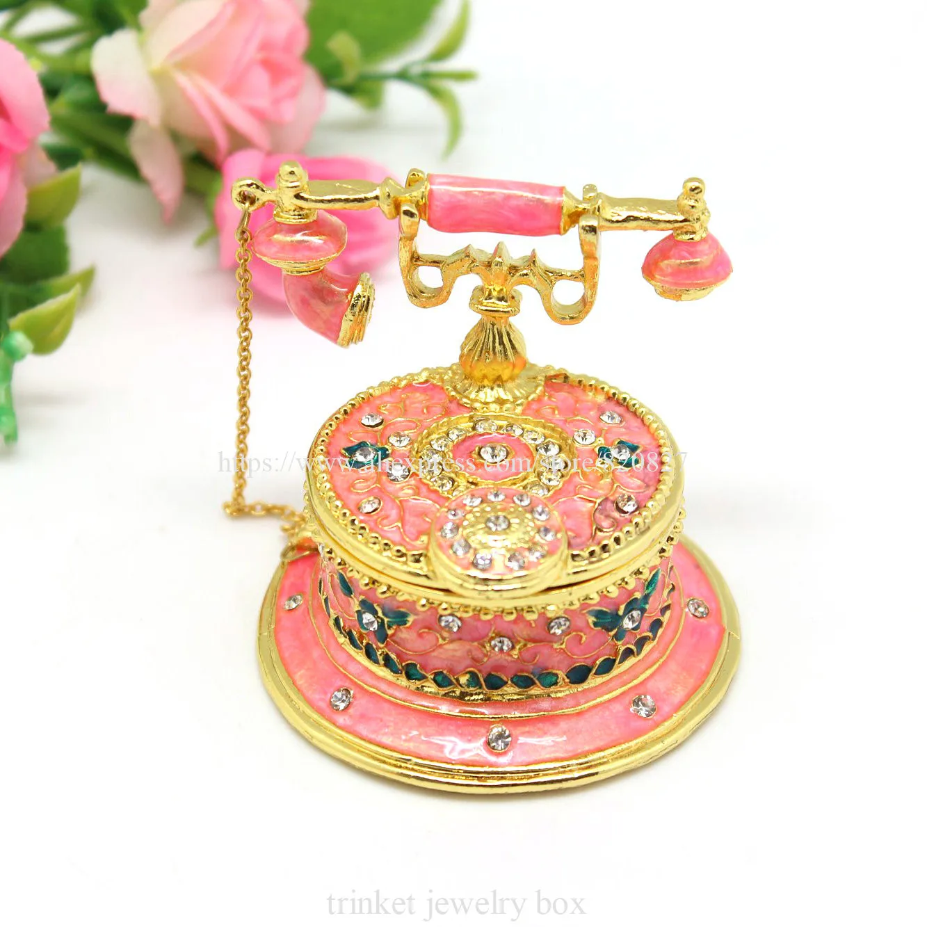 Telephone Shaped Jewelry Trinket Box, Enamel Phone Model Jewelry Box