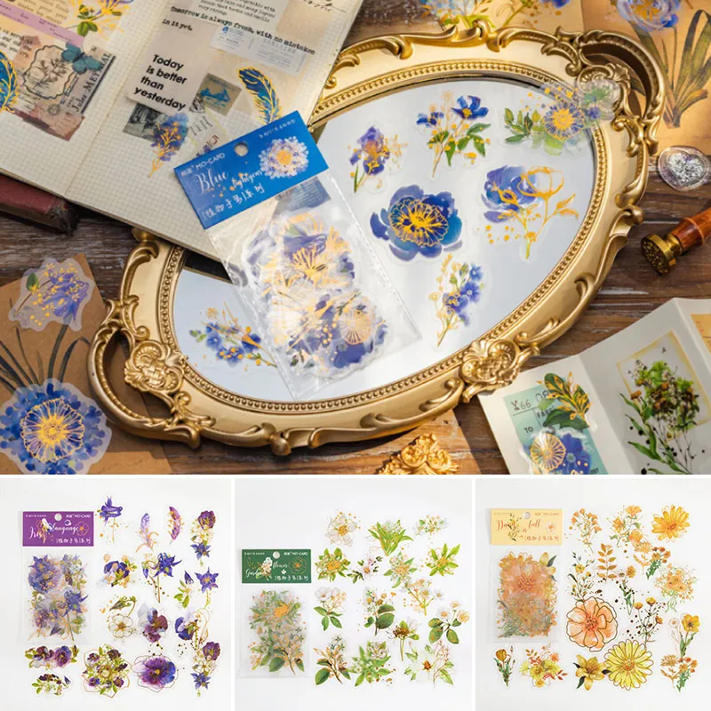 

Plant Handwritten Sticker Golden Outline Hand Painting Colorful Flowers Material Decoration Journal Households Stickers Gift