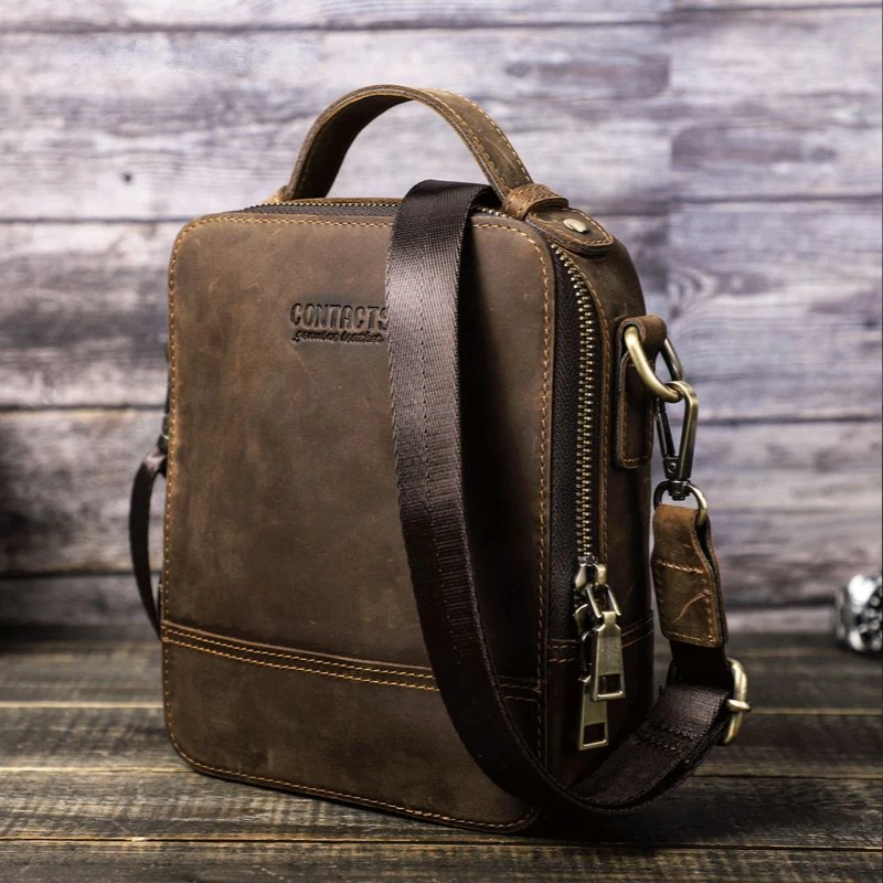 New Retro Crazy Horse Leather Men Shoulder Bag Waterproof Wear-resistant Messenger Bags High Capacity IPad Phone Bag