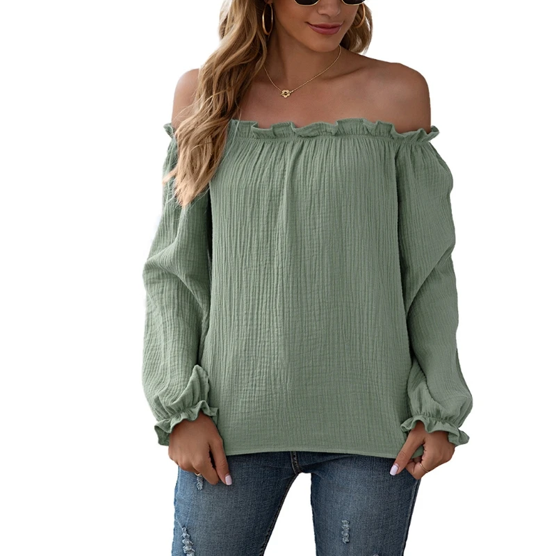 

Sexy 2021 Spring Women's Stitching Long-sleeved One-shoulder Long-sleeved T-shirt O-neck Drop-shoulder Loose Top Women Clothing