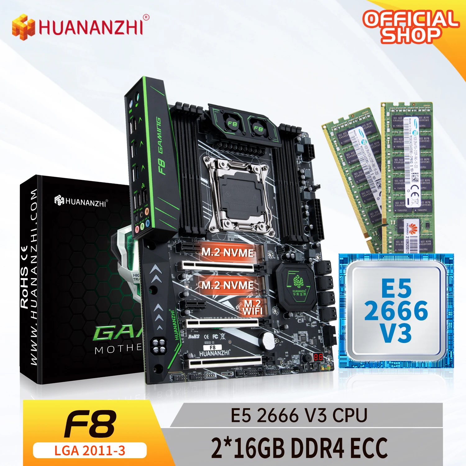 

HUANANZHI X99 F8 LGA 2011-3 XEON X99 материнская плата с Intel E5 2666 v3 с 2*16G DDR4 RECC память комбинированный комплект NVME