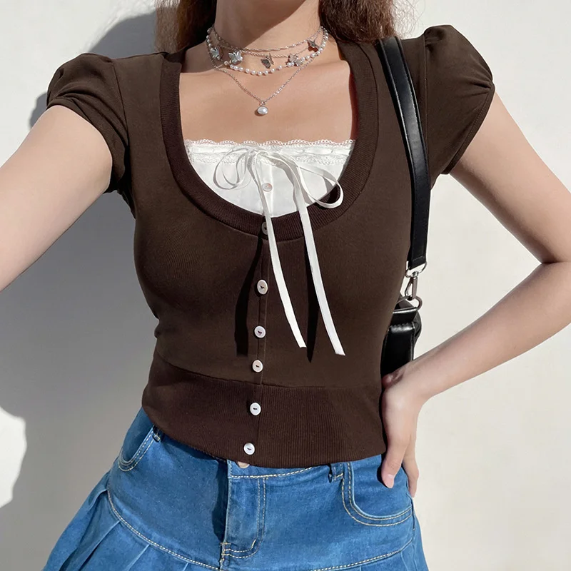 

Lace Plaid Patchwork Top Vintage Goth Short Sleeve Basic Sweats Shirt Cute Chic Slim Clothes Women Sweet Casual Tee