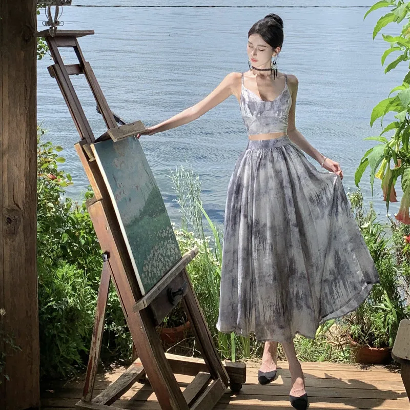 Женское платье из двух предметов черно-белая юбка без бретелек с высокой талией и