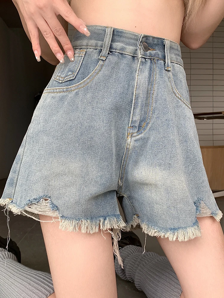 Spring Summer Women Vintage Frayed Raw Hem Loose Denim Shorts Streetwear Female Hole Wide Leg Jeans Shorts Bottoms