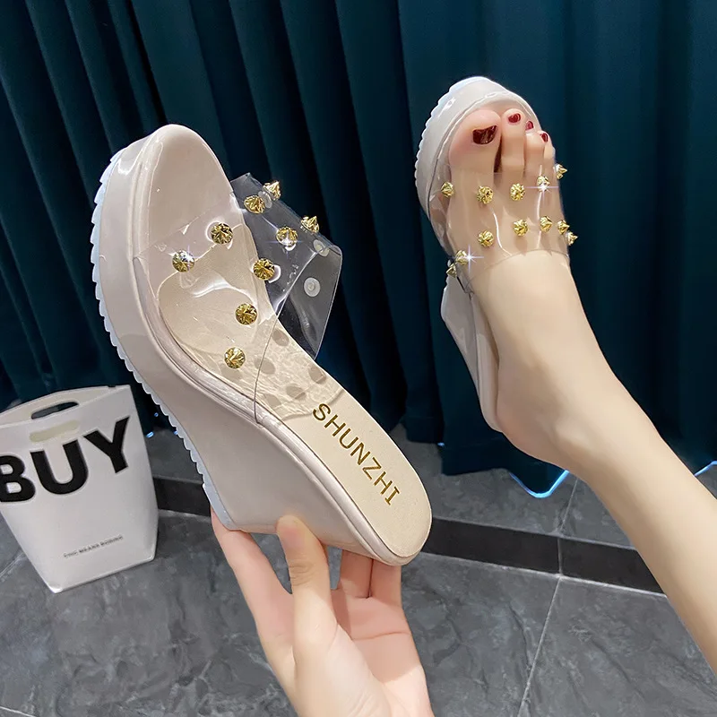 

Shoes Transparent Slippers Low Luxury Slides Slipers Women On A Wedge Peep Toe Heeled Mules Rivet Designer 2022 High Rome Basic