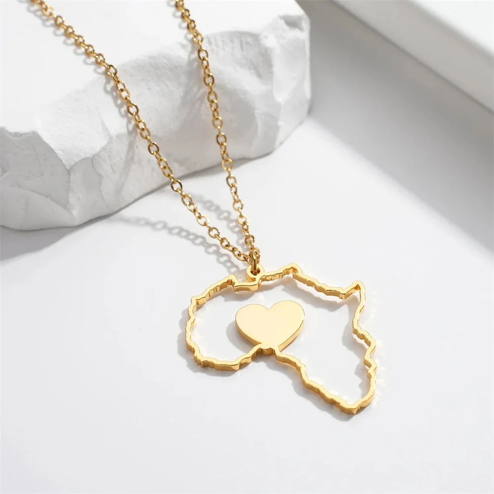 

Africa Map Necklace with A Heart Necklace for Women Men Stainless Steel Gold Color Choker Chain Africa Jewelry Friendship Gift