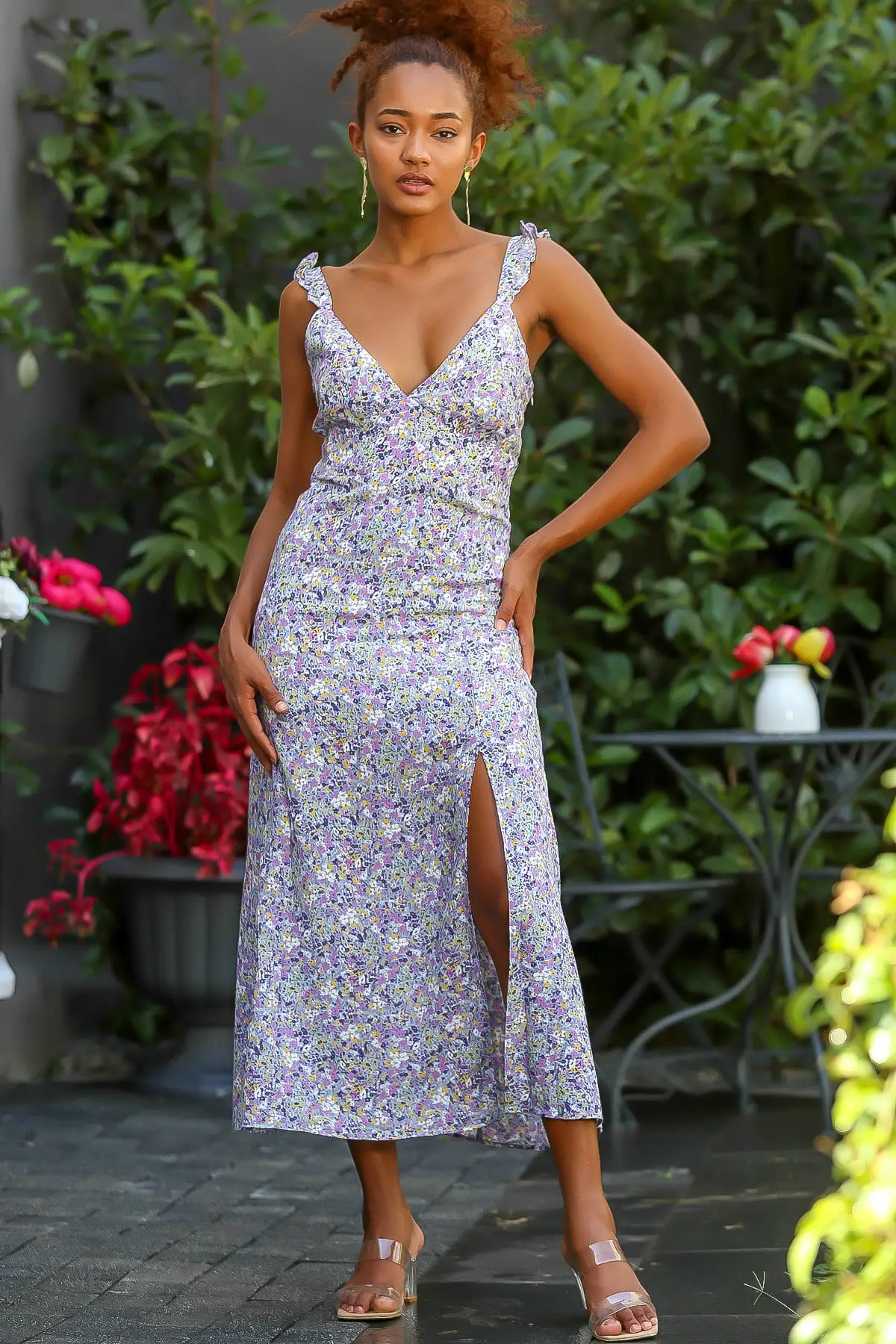 

Women's lilac strappy floral patterned slit detailed woven dress M10160000EL94432 clothing