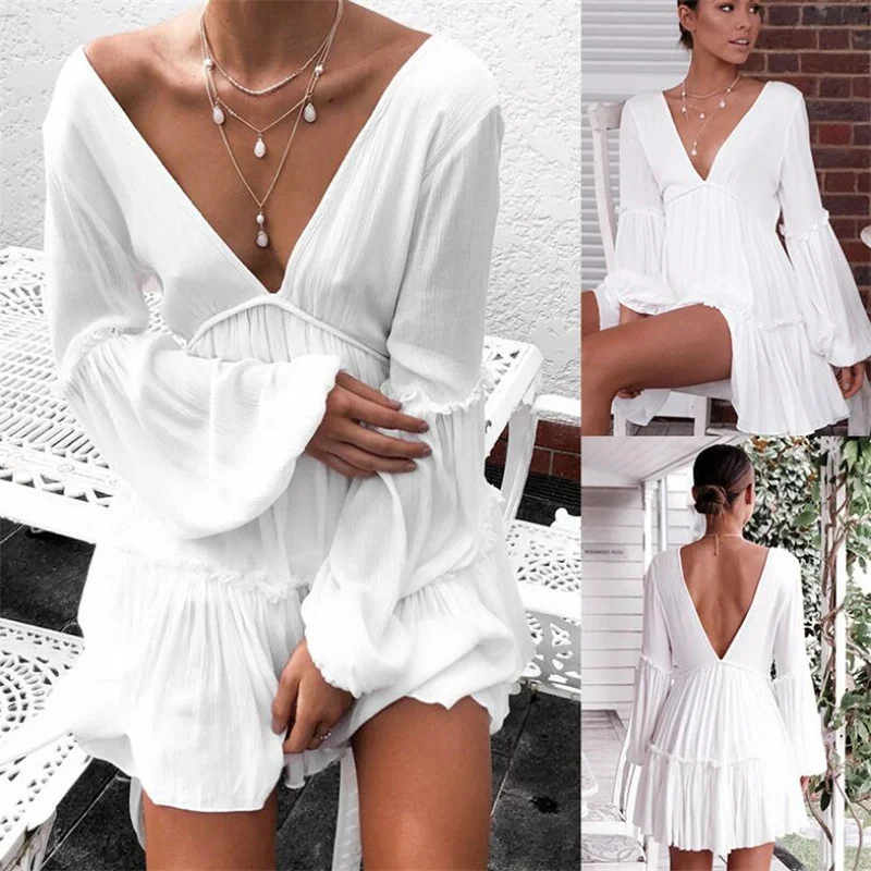 

Women's Dresses Solid Color Long Sleeve V Neck Elegant Lantern Sleeve Casual All-match Dress 2022 Summer