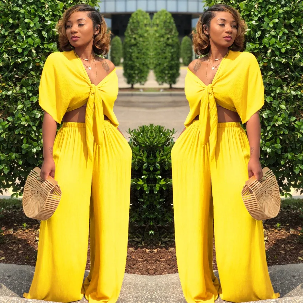 

Women Loose Wide Leg Pants Bandage Lace Up Crop Top 2 Piece Set for Female Women V-neck Short Sleeve Two Piece Set Women's Suits