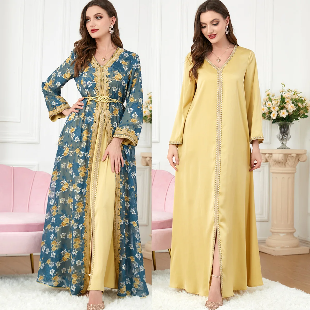 Women Jilbab Luxury Embroidery Muslim Set Ramadan Femme Abaya Dress Islamic Jalabiya Marocain urkey Moroccan Kaftan Robe Femme