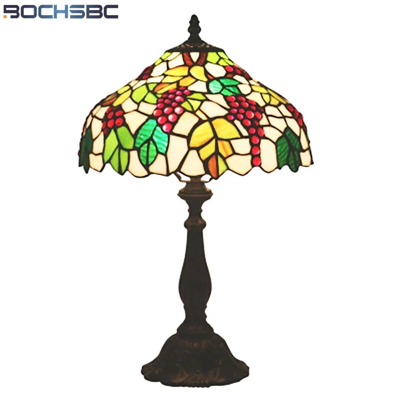 

BOCHSBC Tiffany Style Desk Lamps Red Grape Cherry Green Leaf Stained Glass Table Lights Home Decor Handcraft Arts 16 Inch E27