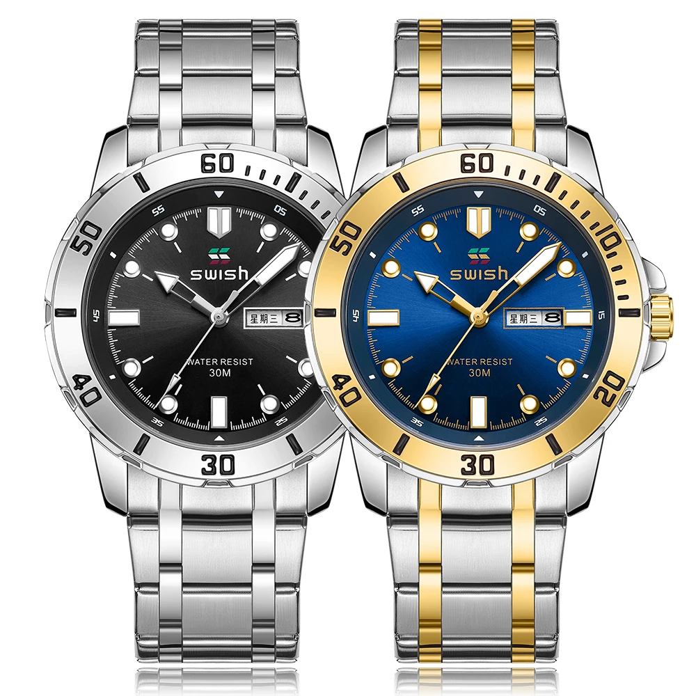 Fashion Mens Sports Watches Luxury Stainless Steel Quartz Wrist Watch Dual Calendar Silver Gold Man Clock Relogio Masculino Blue images - 6